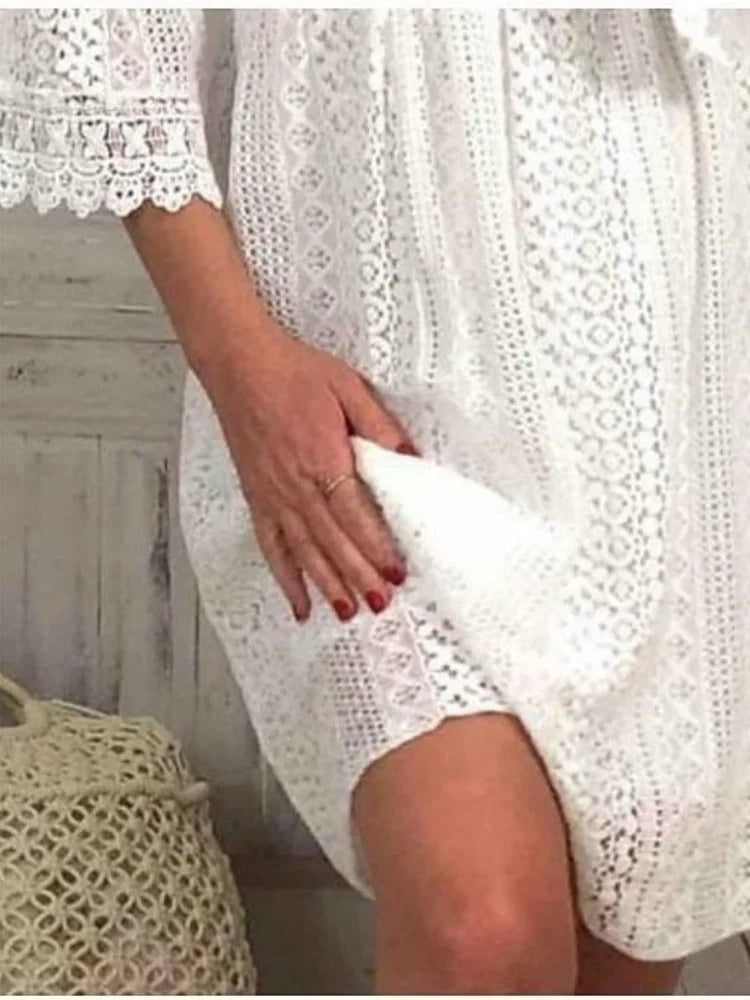 High Waist White Women Dresses Elegant Flare Sleeve Vestidos Summer Casual V-neck Hollow Out Lace Dress