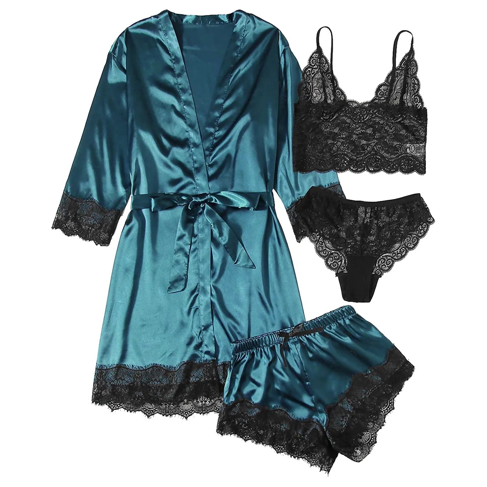4-Piece Women Sexy Garter Lingerie Set Robes Lace Bodysuit Deep-V Neck Underwear