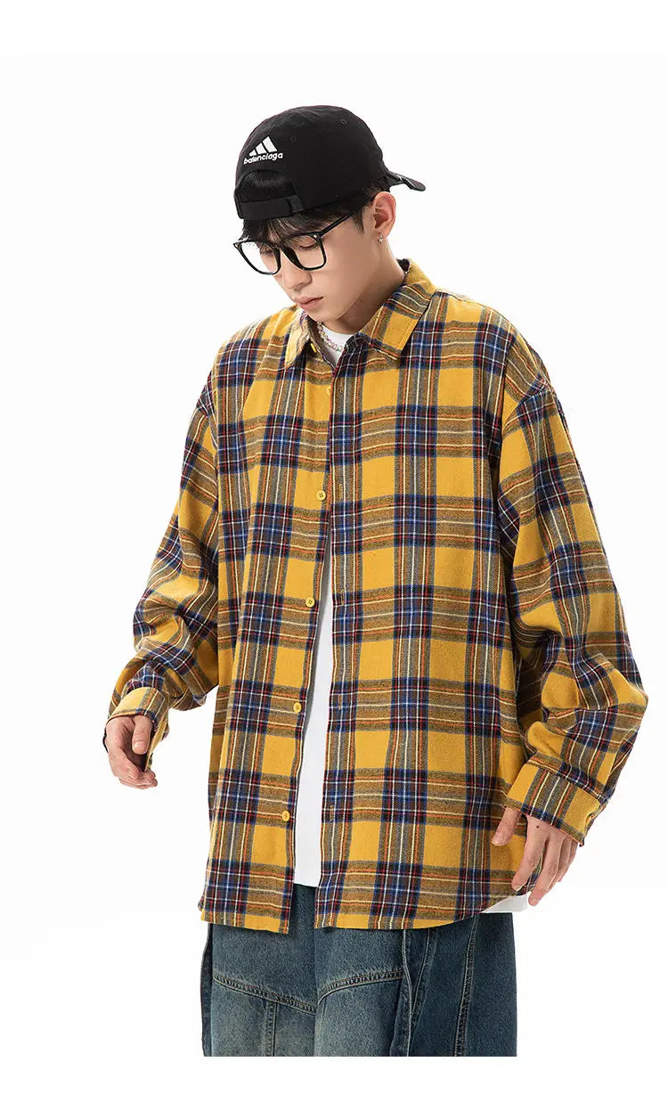 Plaid Shirt with Long Sleeves, Loose Fit, for Casual Men, Harajuku Style, Spring and Autumn Brushed Cotton Shirt.Oversized