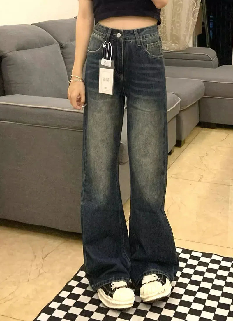 Retro Micro Denim Pants Women Jeans Straight Fit Spring-autumn Style Pear-shaped Figure Large Size High Waist Slimming Effect