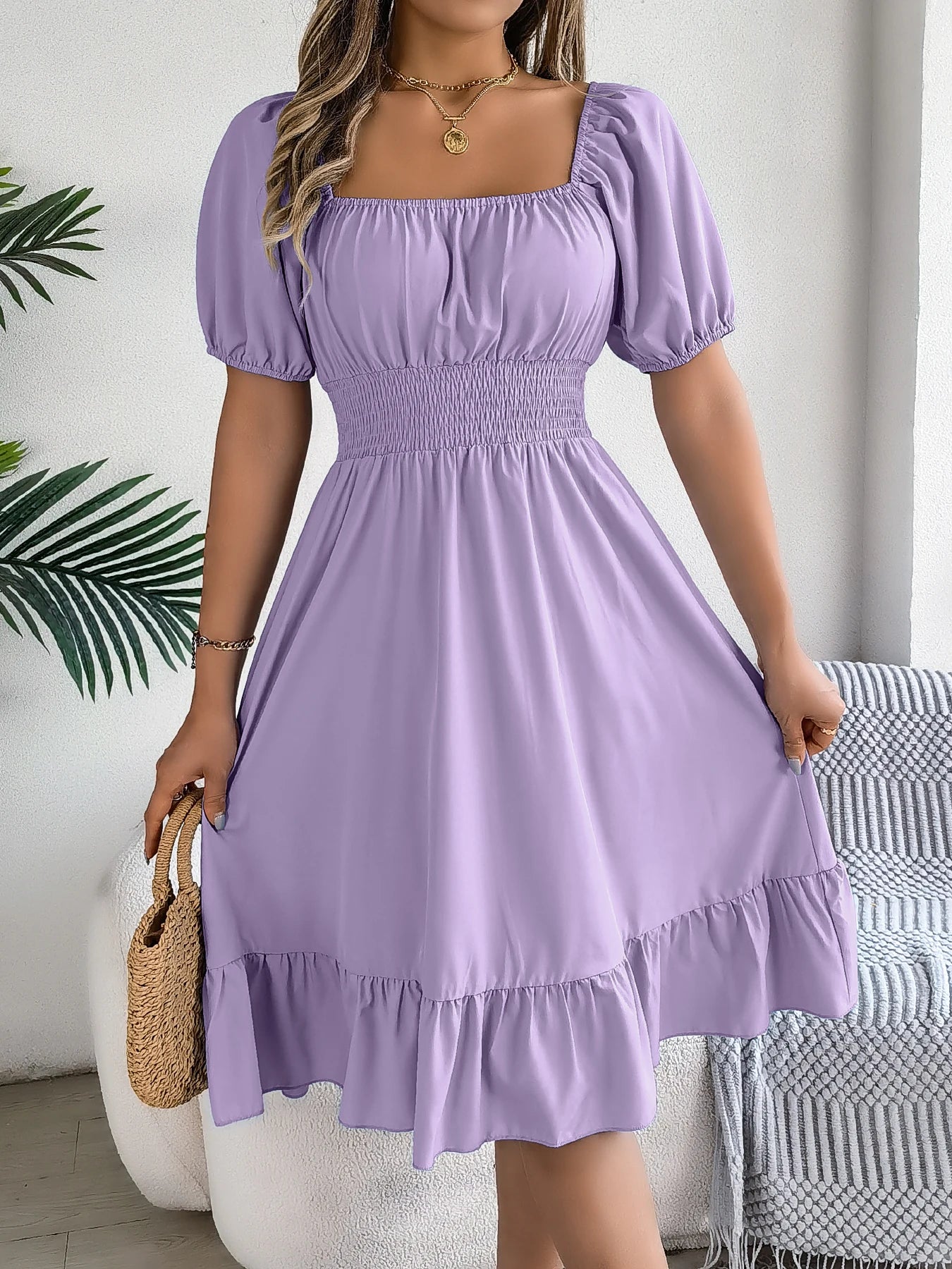 Spring Summer Elegant High Waisted Dress Square Neck Short Sleeved Ruffled Edge Long Dresses for Women 2026 Valentine's Day