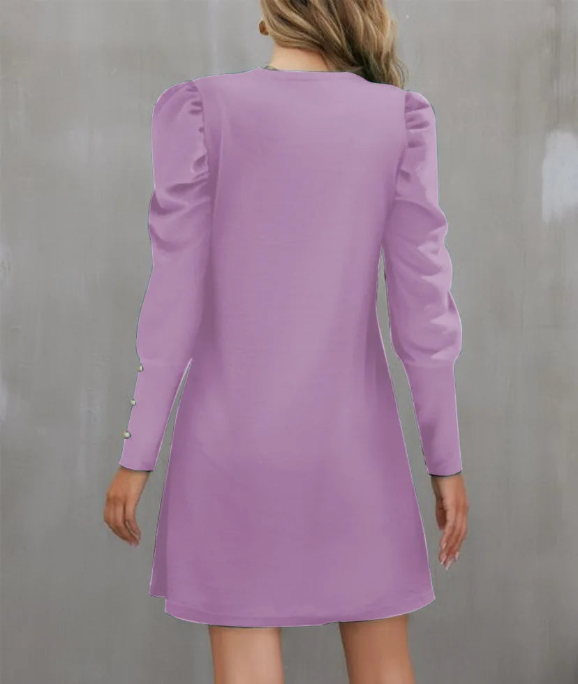 2025 Spring and Autumn New Round Neck Bubble Sleeve Button Decorative Long Sleeve Dress