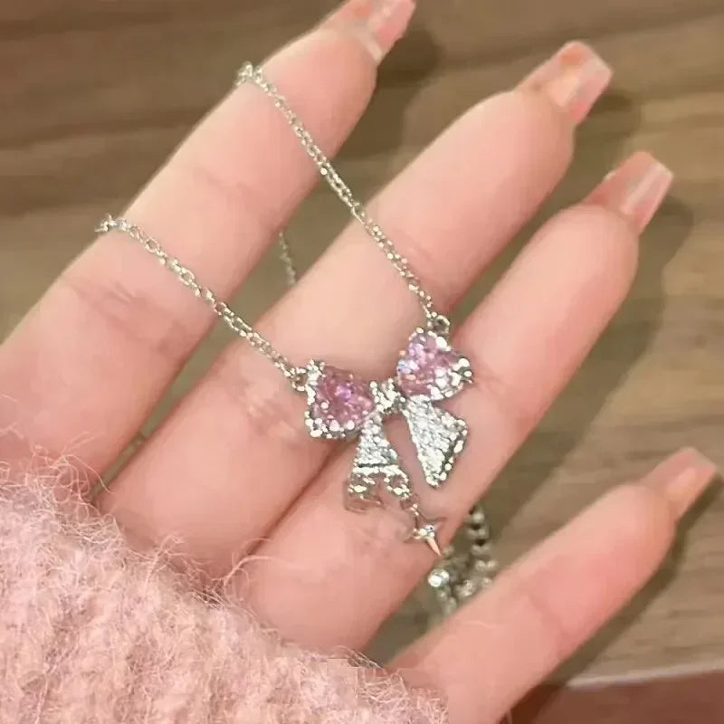 Luxury Fairy Pink Bow Shape Pendant Necklace Rings Set for Women Y2k Clavicle Chain Birthday Party Anniversary Gift Jewelry