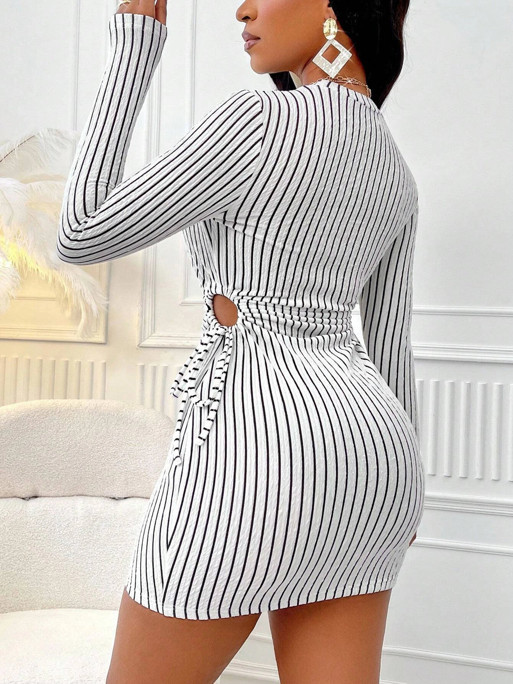 Women's Striped Knit Long Sleeve Dress, Waist Cut Out Tie Design, Slim Fit Elegant Fall & Winter Fashion, Moderate Fabric Thickn