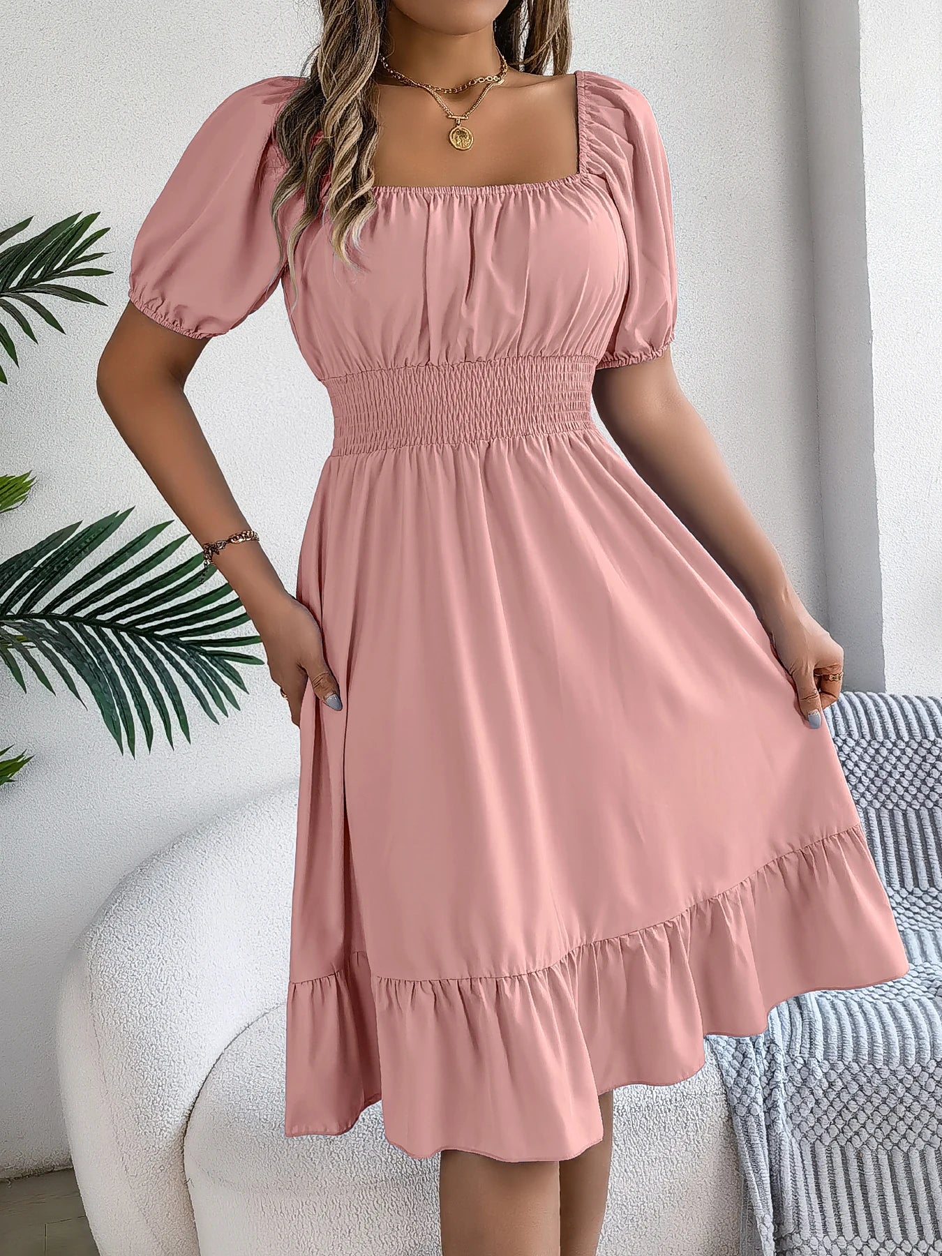 Spring Summer Elegant High Waisted Dress Square Neck Short Sleeved Ruffled Edge Long Dresses for Women 2026 Valentine's Day