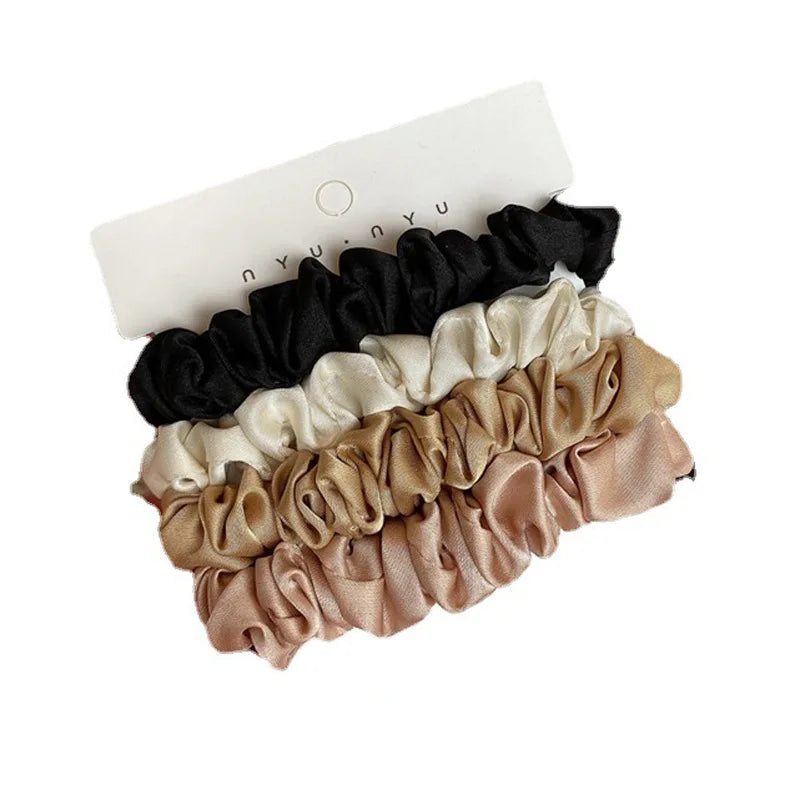 4pcs Real Silk Skinnies Small Scrunchie Set Hair Bow Ties Ropes Bands Skinny Scrunchy Elastics Ponytail Holders for Women Girls