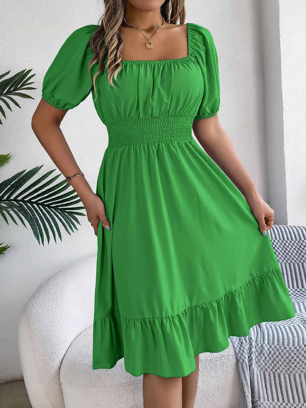 Spring Summer Elegant High Waisted Dress Square Neck Short Sleeved Ruffled Edge Long Dresses for Women 2026 Valentine's Day