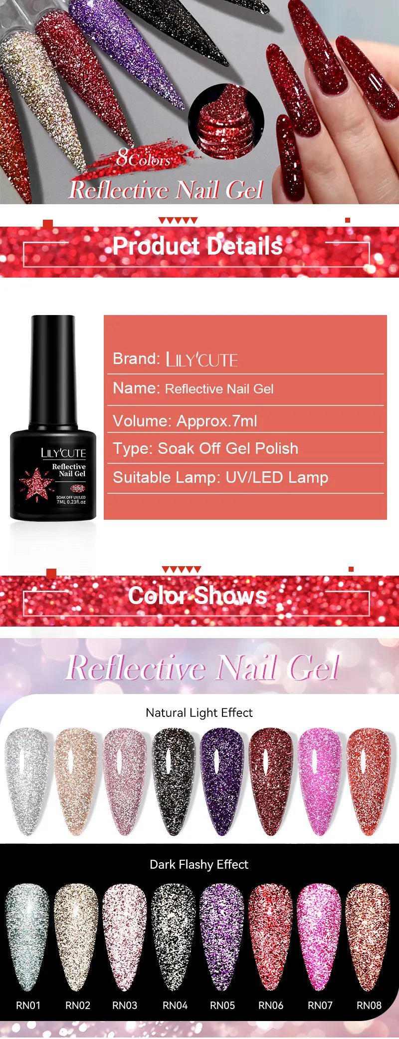 LILYCUTE 7ml Reflective Glitter Gel Nail Polish Shining Sparkling Gorgeous Silver Effect Semi-permanent UV Gel Nail Art Manicure