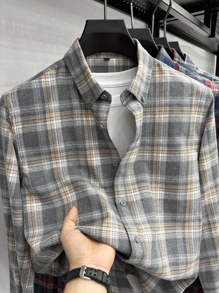 New 2025 Men's Long Sleeve Cotton Shirt Fleece Business Casual Easy Care Youth Outerwear Top Polyester Fiber Cool Sensation