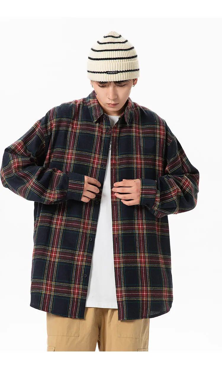 Plaid Shirt with Long Sleeves, Loose Fit, for Casual Men, Harajuku Style, Spring and Autumn Brushed Cotton Shirt.Oversized