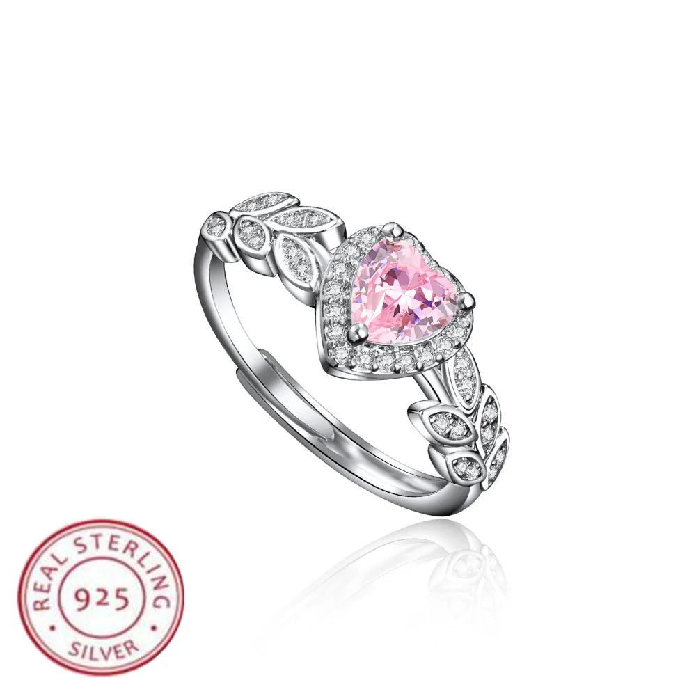 925 Sterling Silver Ring Pink Heart-shaped zirco luxury Opening Adjustable For Women Wedding Fine Jewelry Accessories Party Gift
