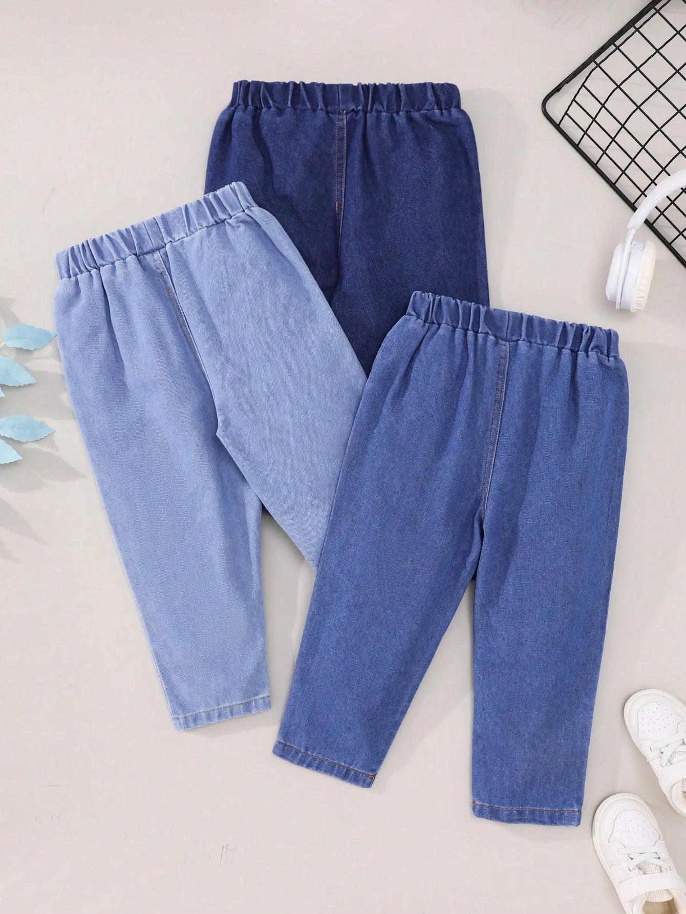 3-Piece Light Medium Blue Multi-Color Washed Boys' Jeans For Spring And Autumn Casual Stretched-Waist Long Pants For Boys
