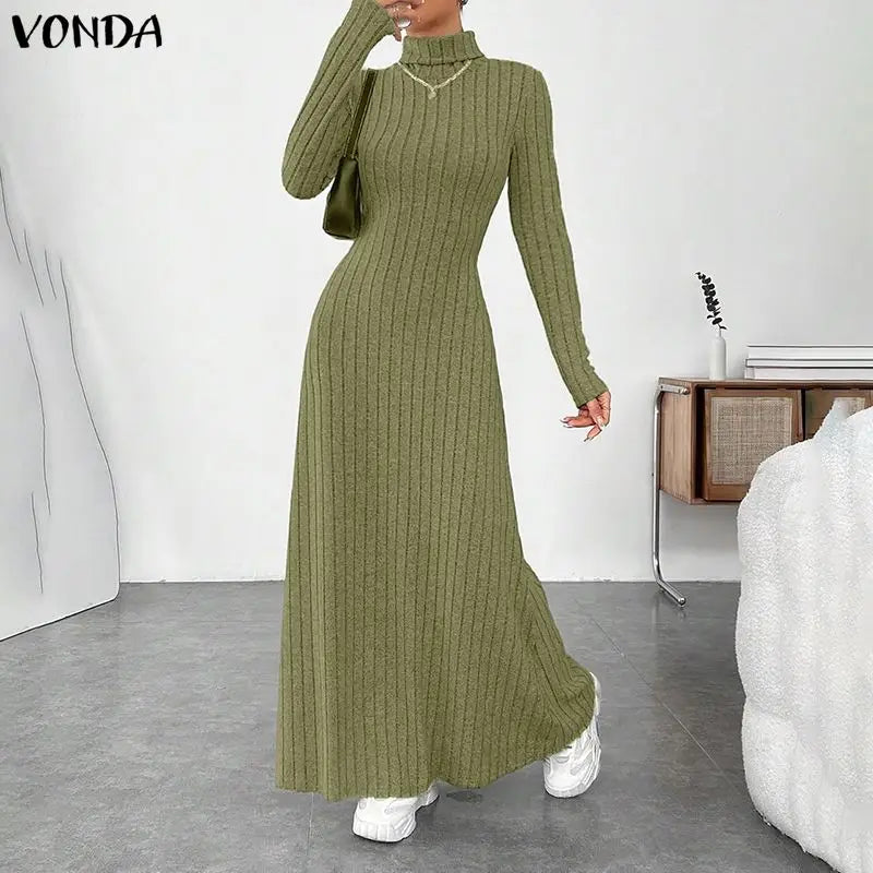 VONDA Women Turtleneck Sweater Dresses Autumn Long Sleeve Knitted Maxi Vestidos Elegant Office Streetwear Solid Party Robe Femme
