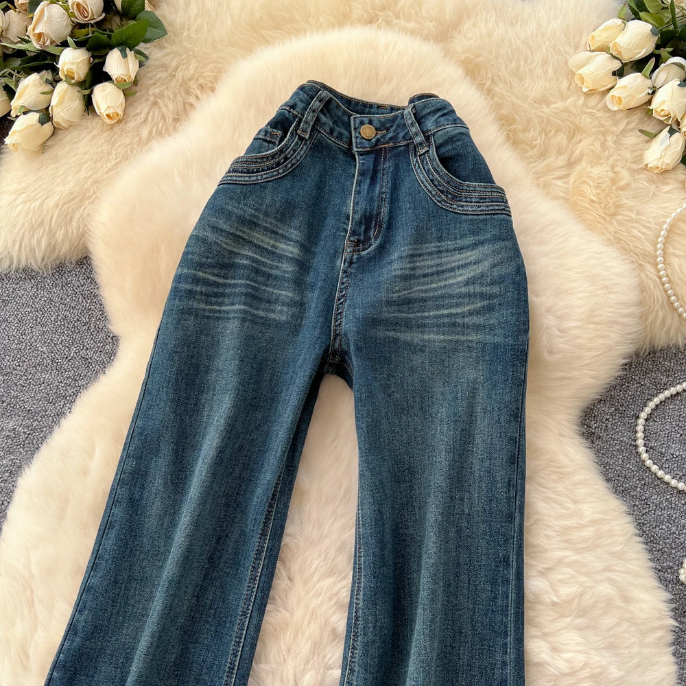 SINGREINY Female Do Old Vintage Jeans Zipper Casual Trendy Street Long Pants Chic High Waist Classic Versatile Boot Cut Trousers