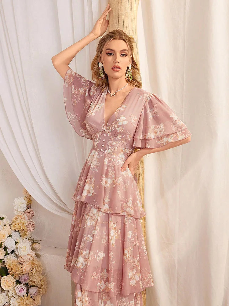 TOLEEN New in 2024 Casual Deep V-Neck Slim Floral Printed Tiered Ruffle Hem Long Dresses Fashion Summer Elegant Women's Clothing