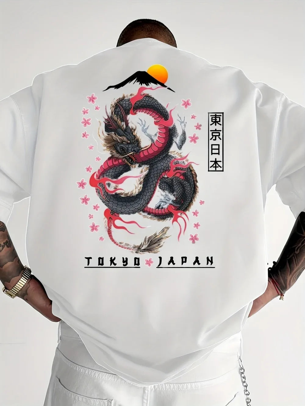 Fashionable men's summer new dragon print flower comfortable breathable round neck T-shirt outdoor street style top