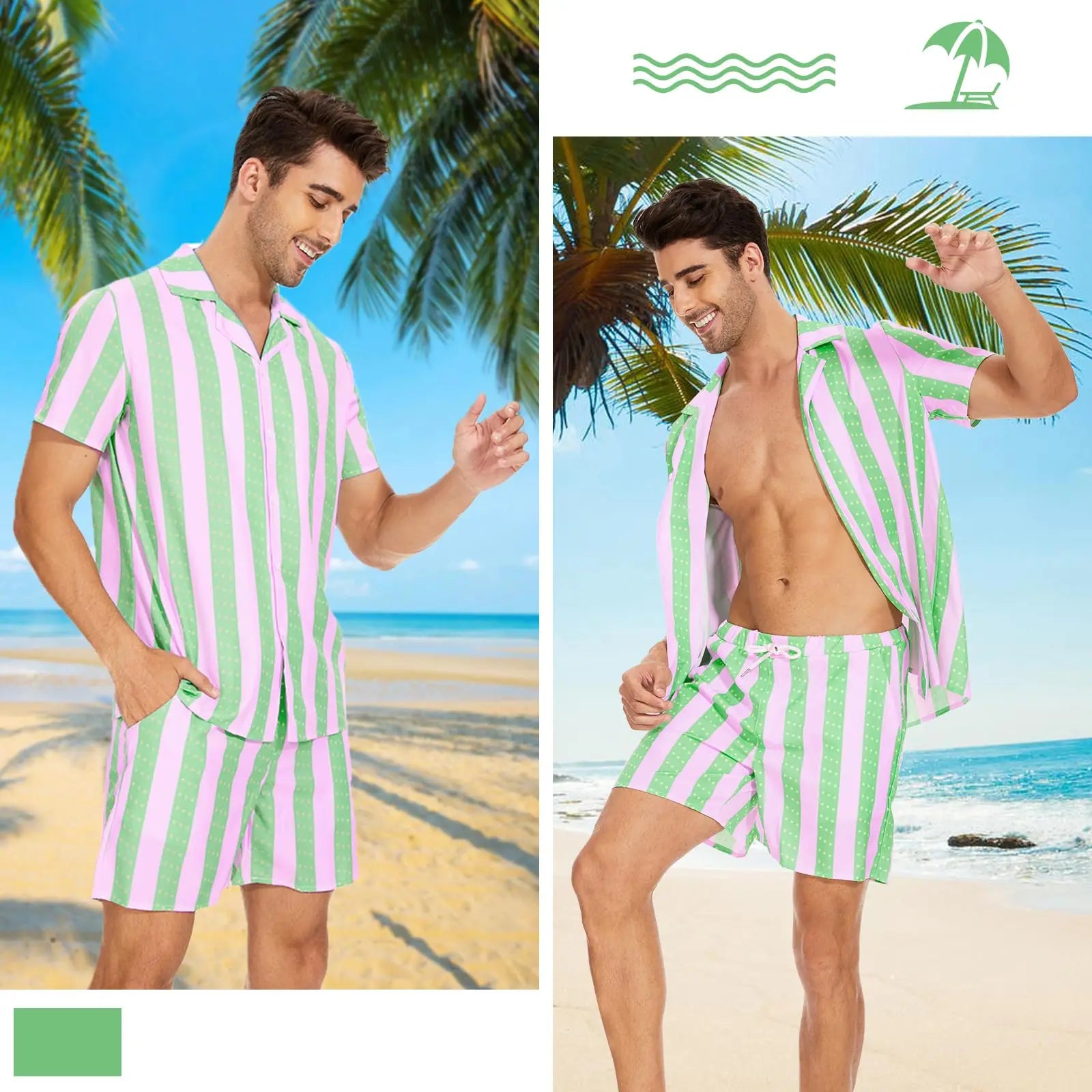 2025 New Men's Hawaii Beach Casual Suit Single Breasted Short Sleeve Shirt And Shorts Summer Vacation Travel Striped Suit