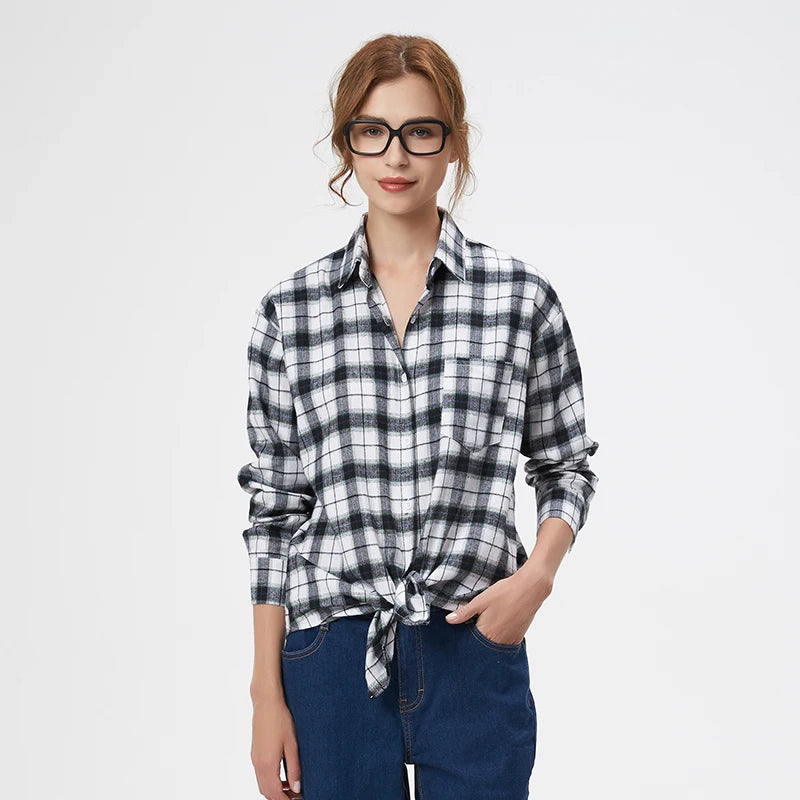 Fresh Flannel Plaid Shirt Women 2025 New Female Blouses and Tops Cotton Loose Long Sleeve Casual Shirts Fine Women's Clothes