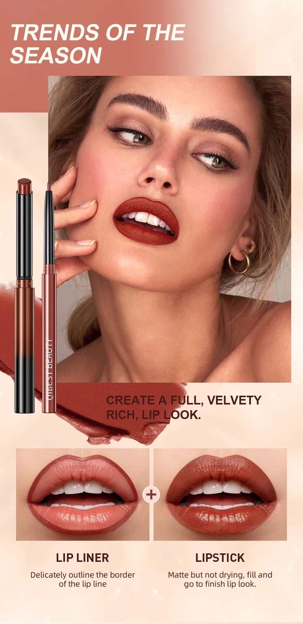 QIBEST Matte Nude Lipstick Pen Long Lasting Lipliner Lip Pencil Waterproof Lip Liner Contour Sexy Red Lip Makeup Set For Women