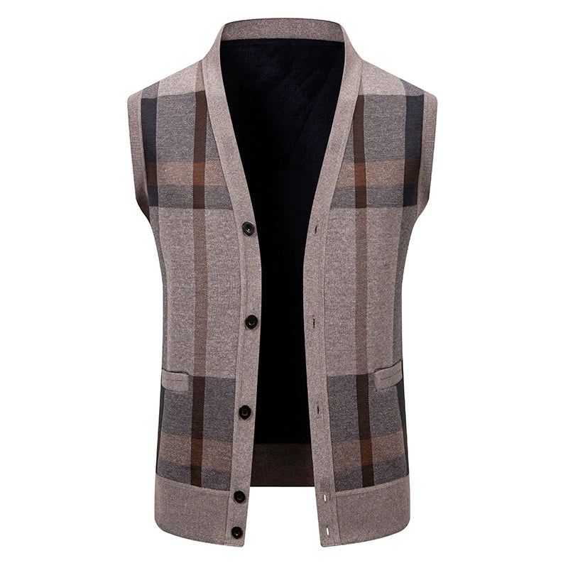New Mens Fleece Knitted Vest Sleeveless Autumn Winter V Neck Sweater Vest Button Front Knit Cardigan Vest