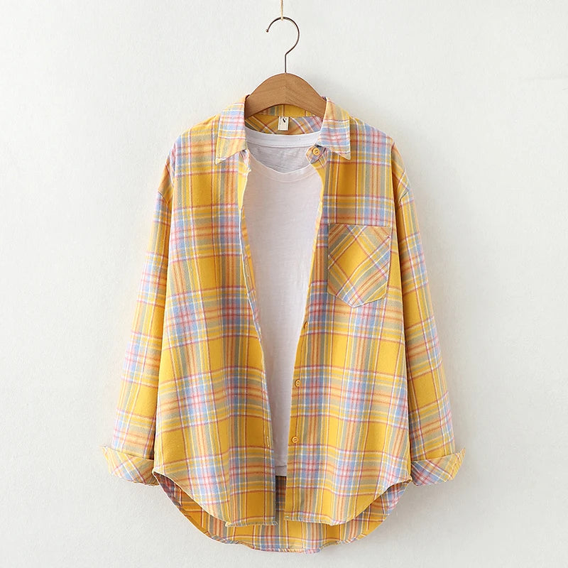Fresh Flannel Plaid Shirt Women 2025 New Female Blouses and Tops Cotton Loose Long Sleeve Casual Shirts Fine Women's Clothes