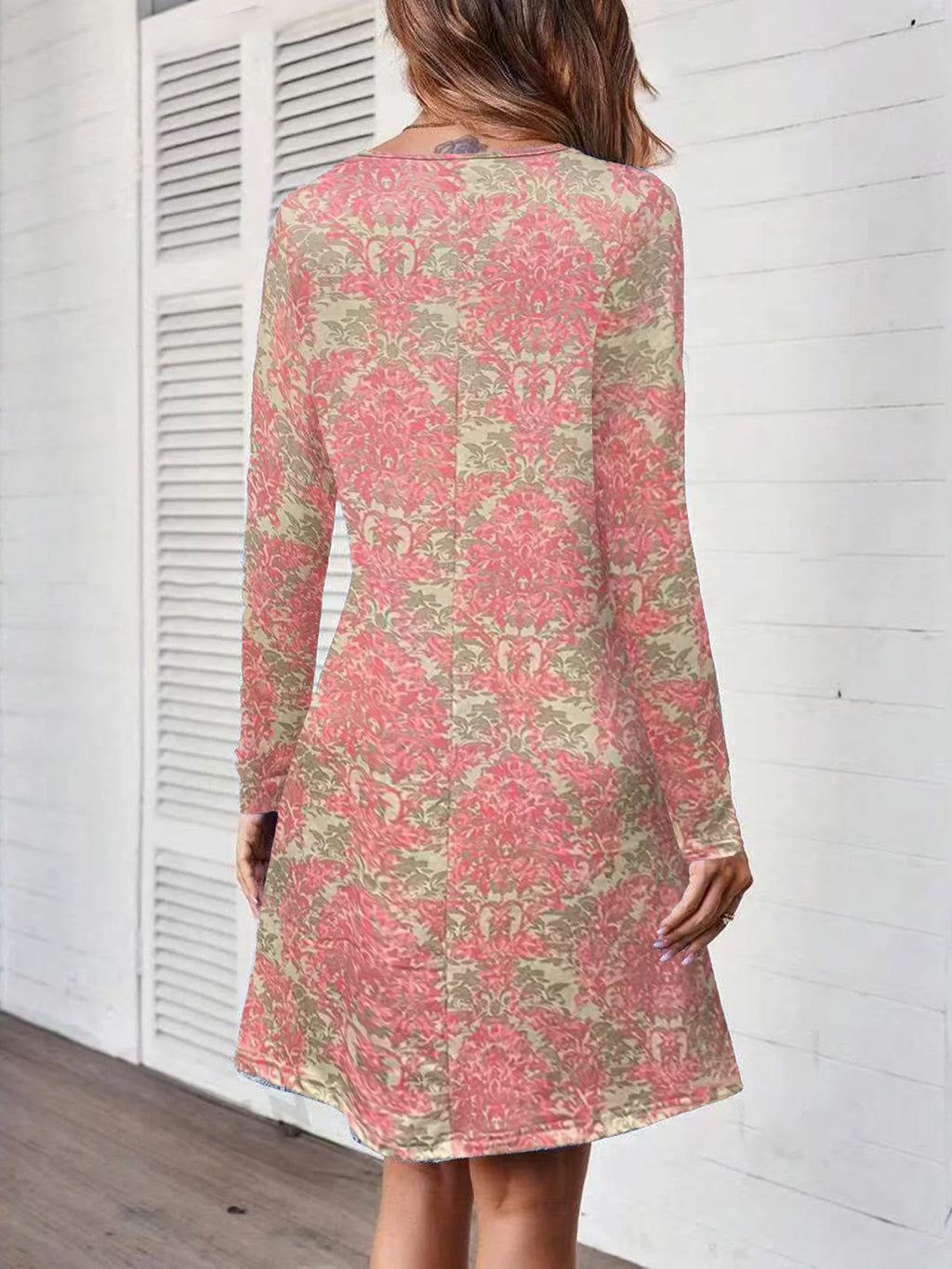 Women's Retro Floral Print round Neck Long Sleeve Dress Casual One-Piece Skirt European And American Cross-Border Simple Design