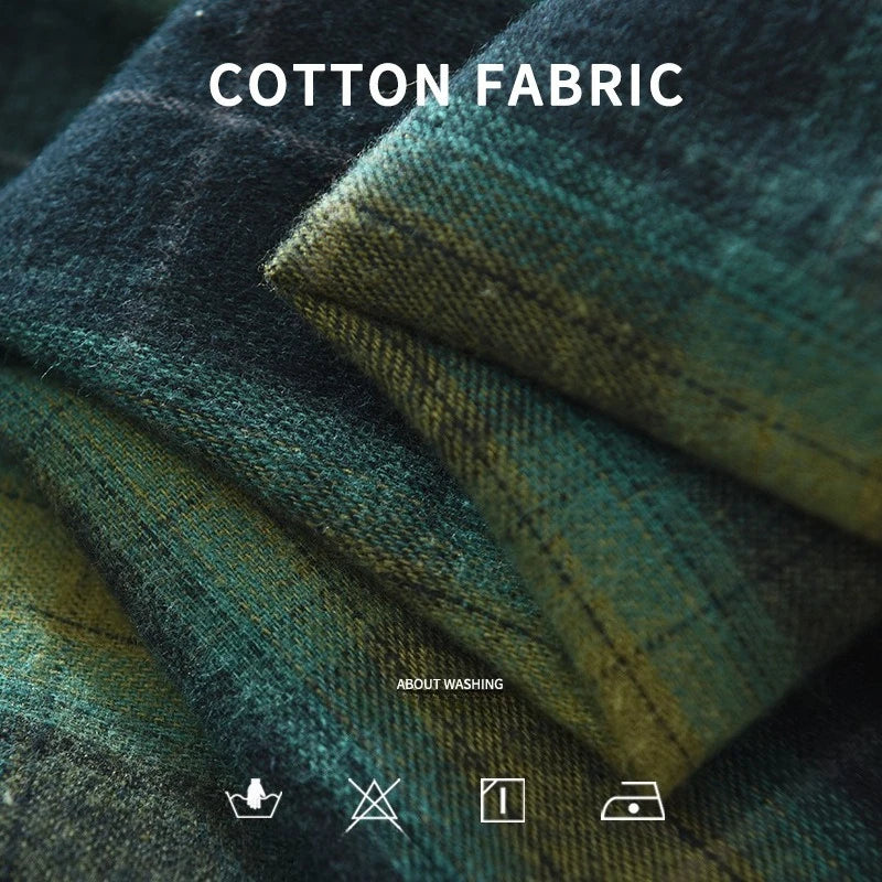 Oversized 100% Cotton Men's Plaid Shirt, Japanese Casual Style, Green Coffee Check Camping Fishing