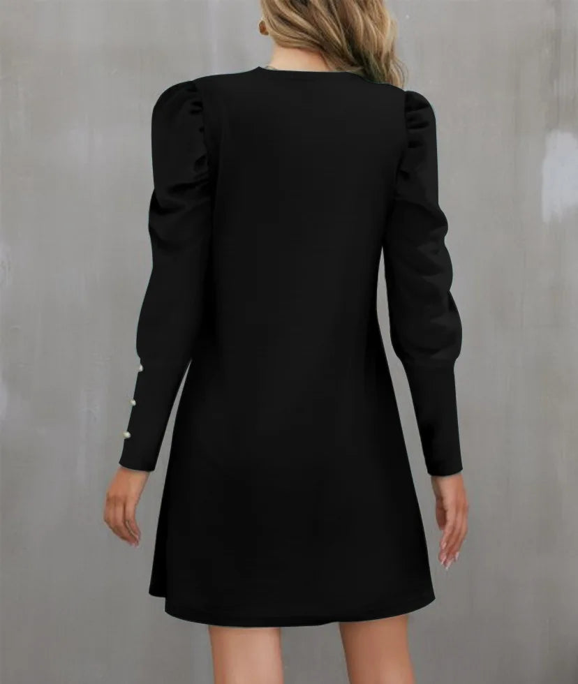 2025 Spring and Autumn New Round Neck Bubble Sleeve Button Decorative Long Sleeve Dress