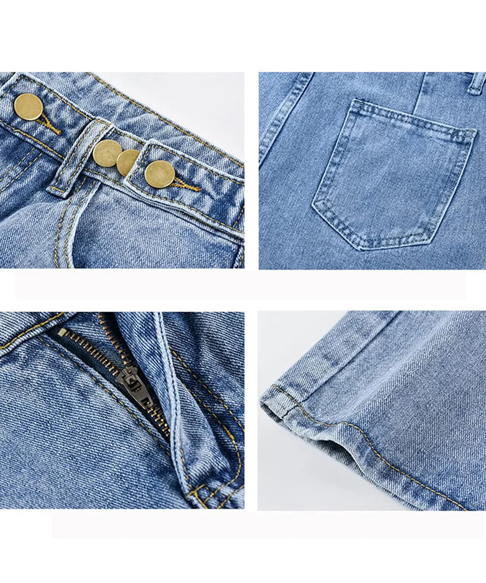 New Summer Women High Waist Button Wigh Leg Jeans Shorts Casual Female Loose Fit Blue Denim Shorts