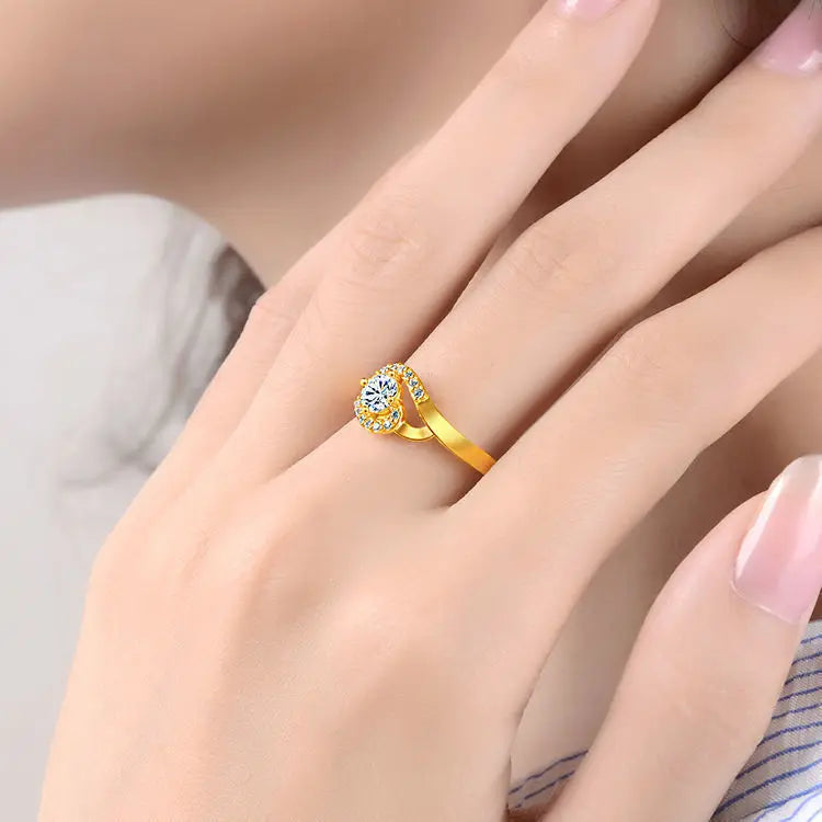 Women's Heart Crystal Diamond Open Ring, 24K Gold, AU999 | "Gentleness" engraving with vine motifs, subtle professional elegance