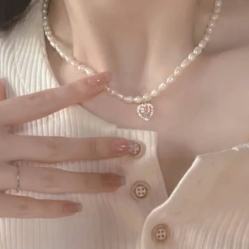 1PC Fashion Korean Style Freshwater Pearl Necklace For Women Gentle Vintage Clavicle Chain Zircon Pendant Necklace Party Jewelry