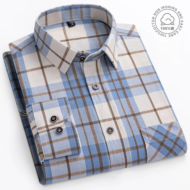 Plaid Flannel Shirts For Men Long Sleeve 100%Cotton Fashion Casual Soft Standard-Fit Man Blouse Clothes Oversize Men's clothing