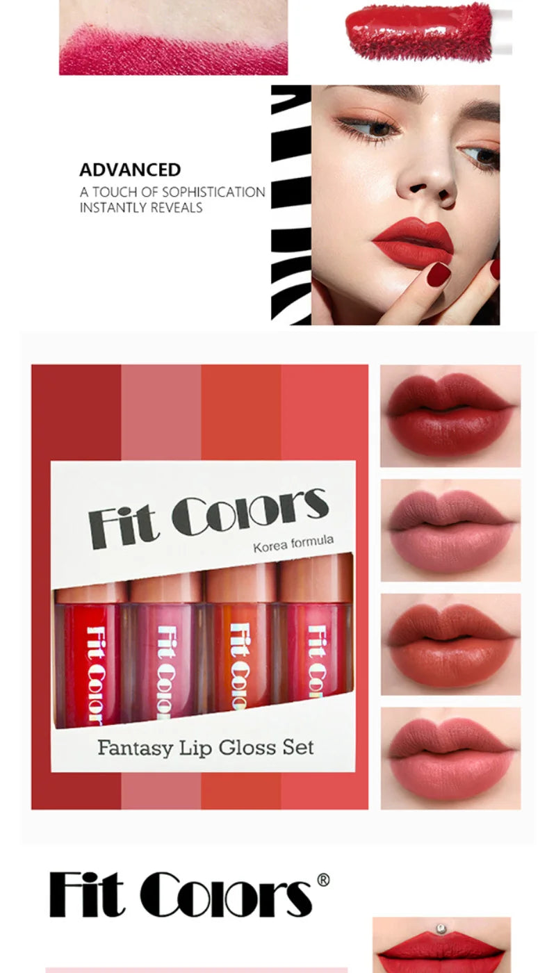Fit Colors Velvet Lip Gloss Set — 4-Piece Non-Transfer, Diamond Finish, Long-Lasting Lip Gloss Collection
