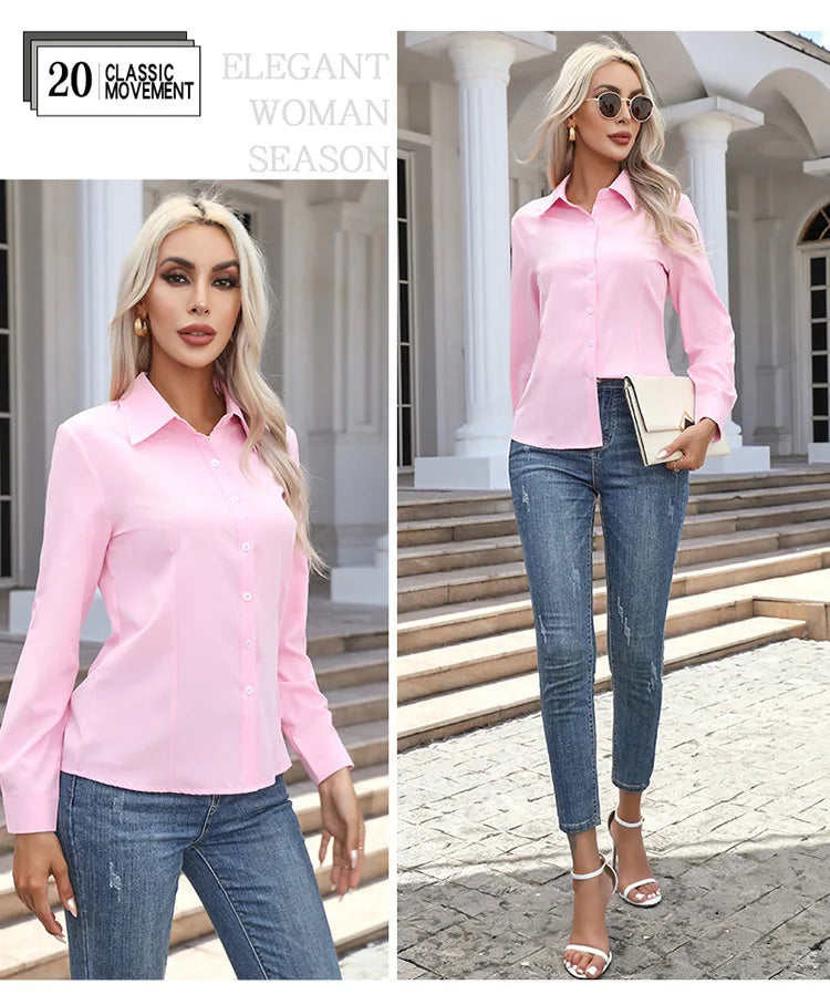 1pcs Woman Spring Autumn Solid color Shirts Lady Casual Long Sleeve Turn-down Collar Loose Shirt Female Fashion Temperament Tops