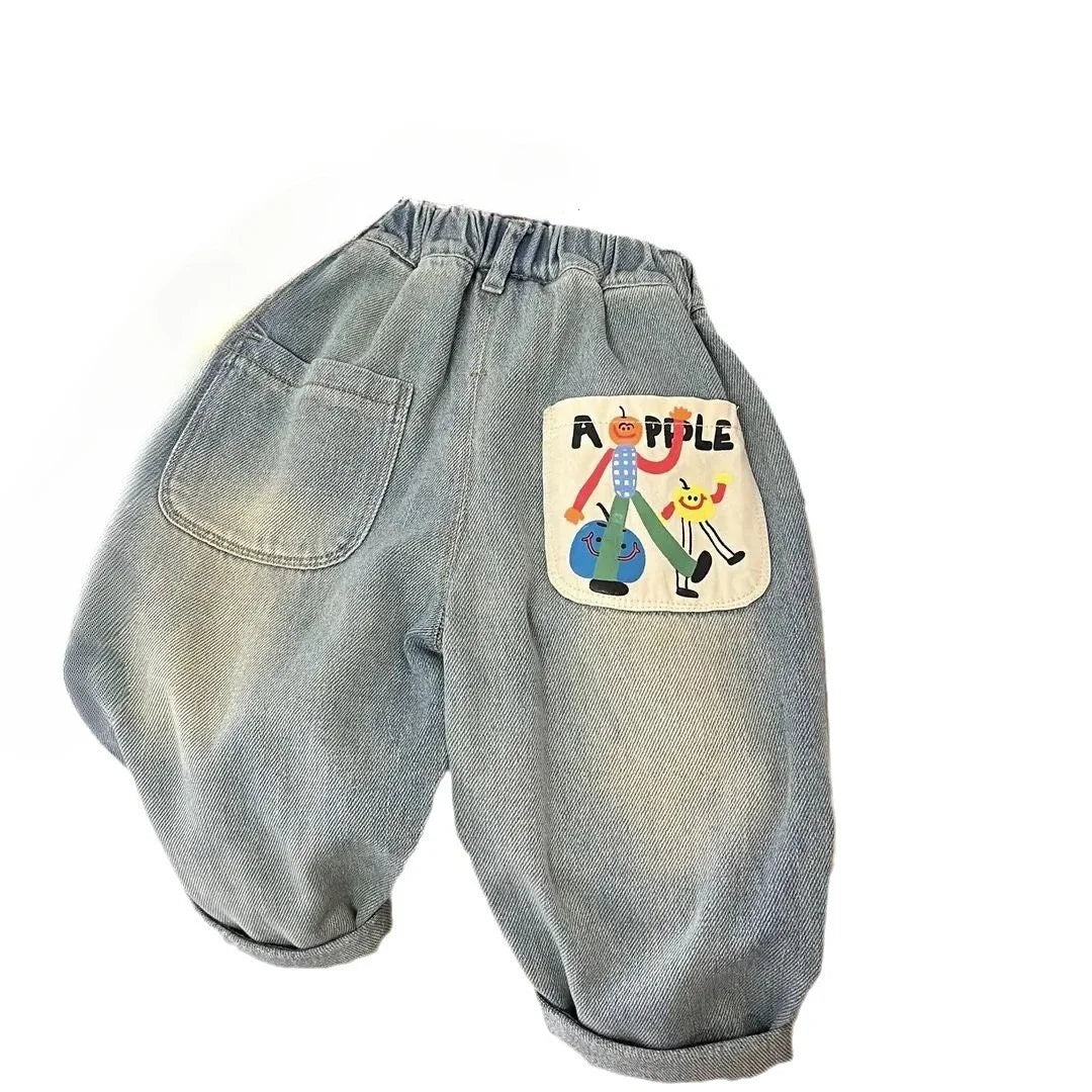Spring and Autumn Boys' Jeans New Fashionable Simple Loose Casual Straight Tube Pants Baby Pants