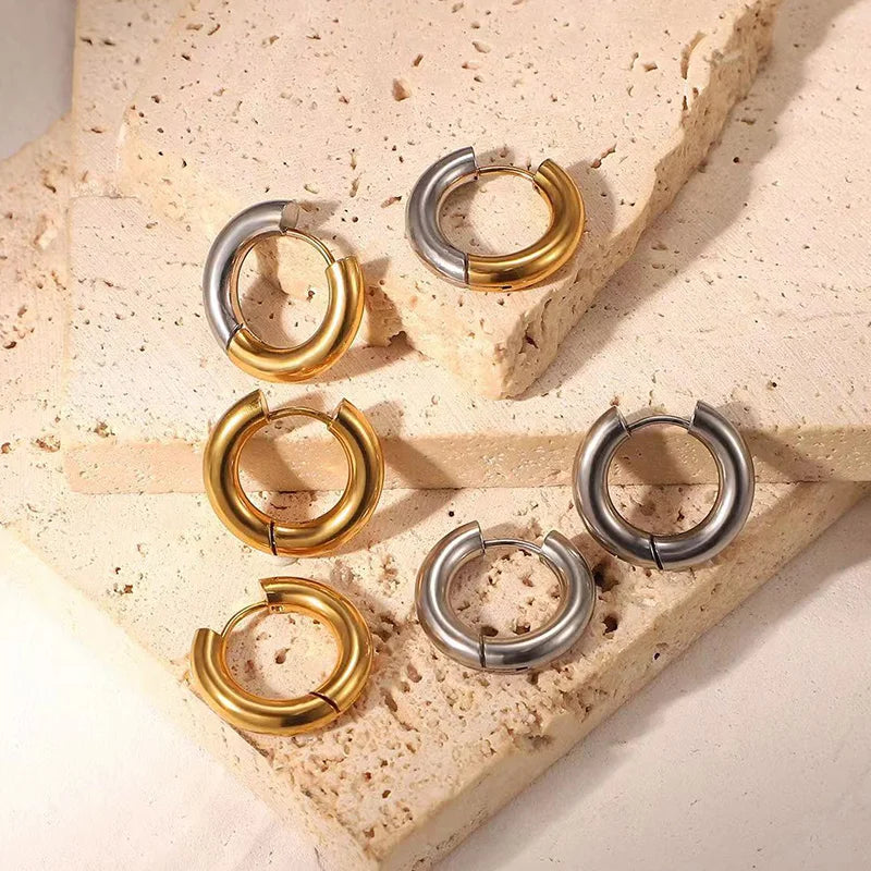 Stainless Steel Hoop Earring For Men Women Simple Hip Hop Rock Gold Color Piercing Punk Chic Jewelry Korean Chunky Earrings