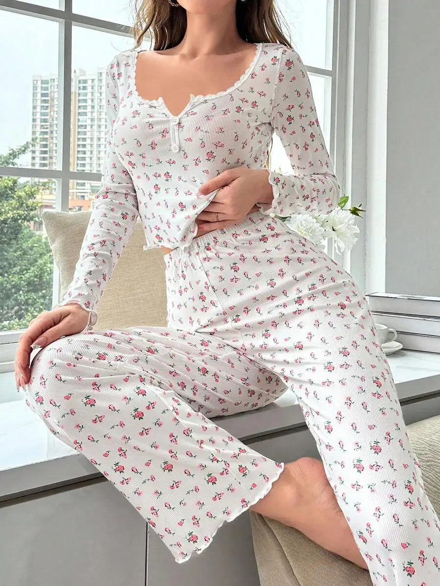 New Women Soft Comfortable sexy Floral Print Pajama Set Long Sleeve Top and Pants Loungewear Sleepwear Two Piece Set Homewear