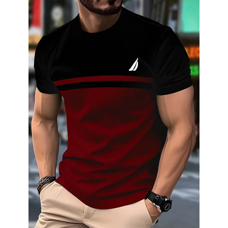 New 3D round-neck men's T-shirt, made of casual polyester knitted fabric, elastic and light, regular fit, striped pattern