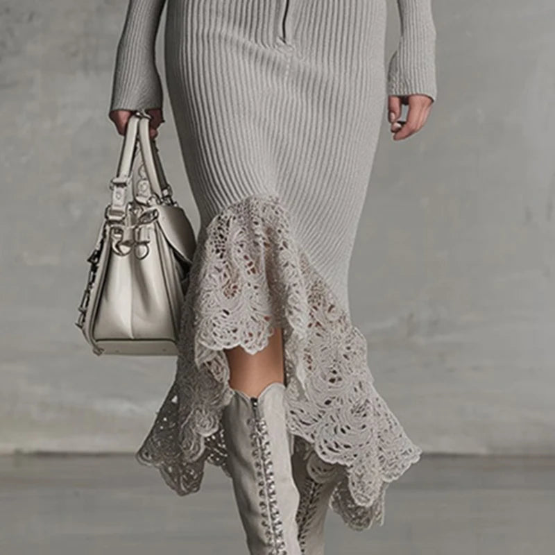 Fashion Zipper Hooded Pullovers Dress Woman Sexy Patchwork Lace Mermaid Long Dress Autumn Long Sleeve Slim Irregular Dress Mujer