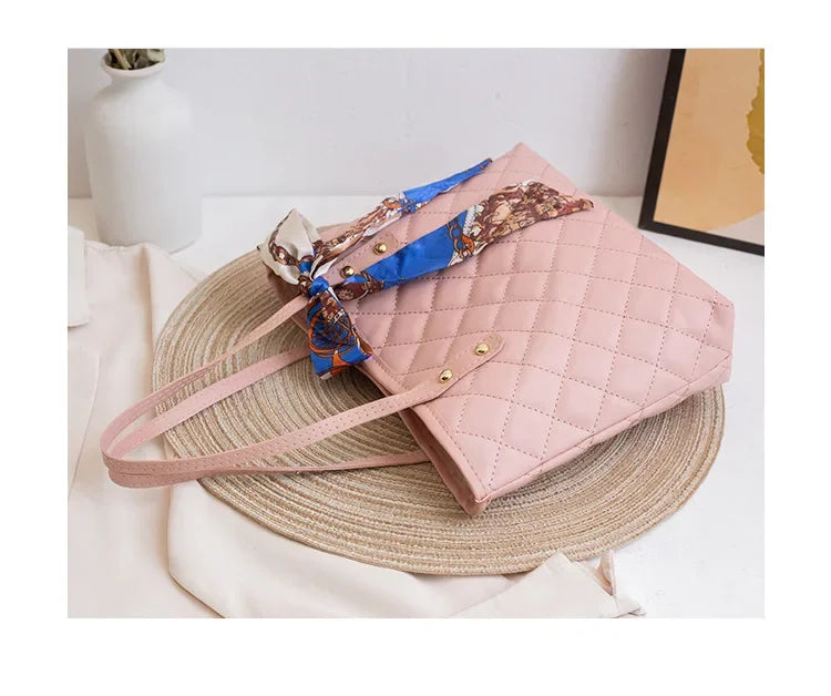 Embroidered Women's Handbag PU Leather Large Capacity Bucket Bag Fashion Beach Tote with Silk Scarf Gift Elegant Daily Use Purse