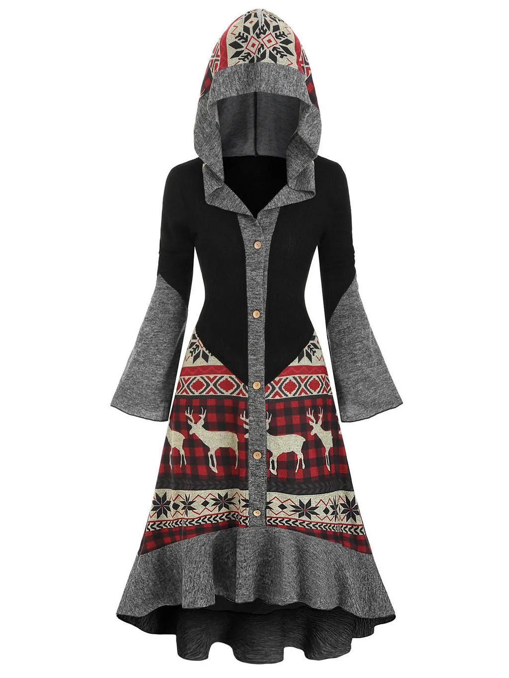 Dressfo Christmas Dress Elk Snowflake Tribal Pattern Knit High Low Flocking Liner Hooded Dress Button Up Flare Sleeve Midi Dress