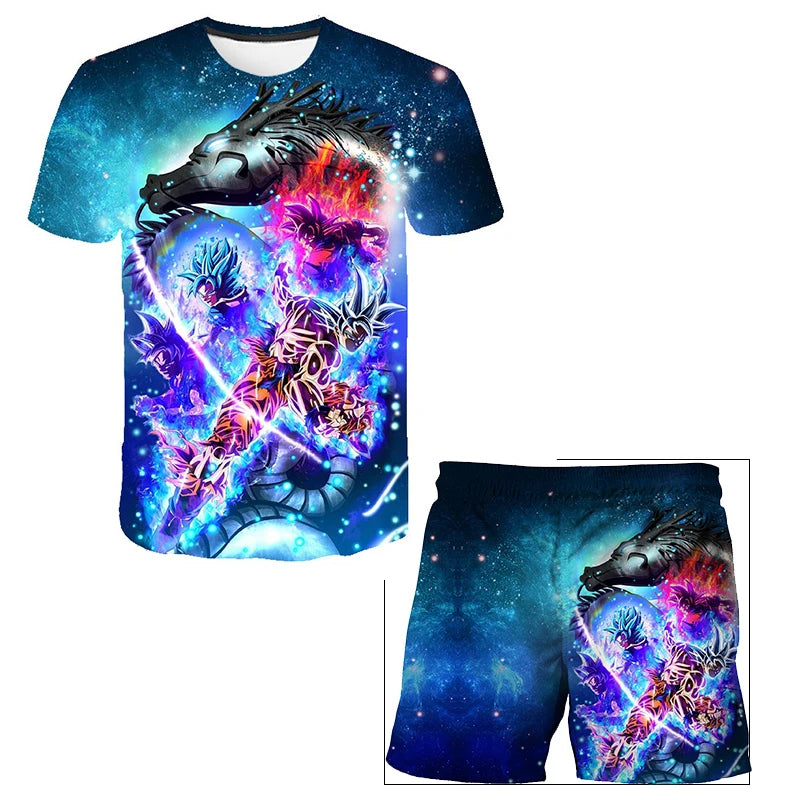 Japanese cartoon Dragon Ball Z T-shirt children's top T-shirt shorts two-piece set for summer boys T-shirt+shorts beach pants