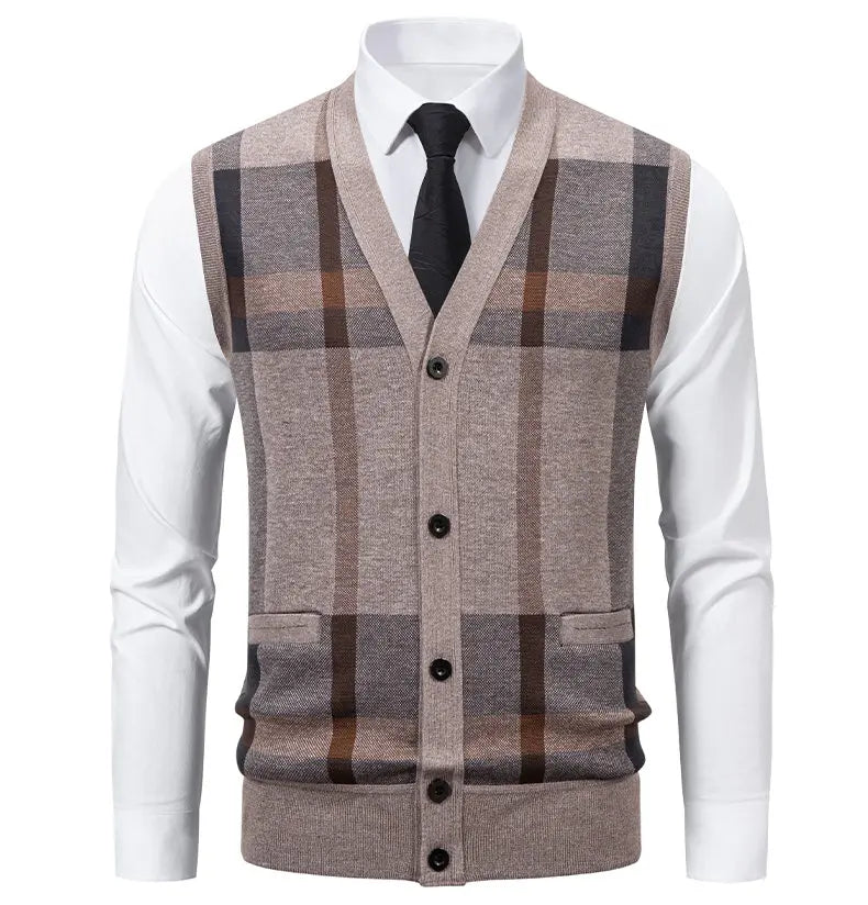 New Mens Fleece Knitted Vest Sleeveless Autumn Winter V Neck Sweater Vest Button Front Knit Cardigan Vest