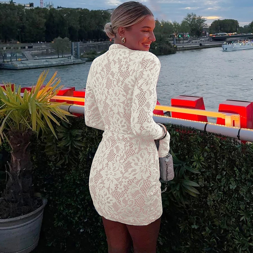 Hugcitar Turtleneck Long Flare Sleeve Patchwork Lace Hollow Out Button Sexy Mini Dress 2025 Spring Women Clothes Party Nightclub