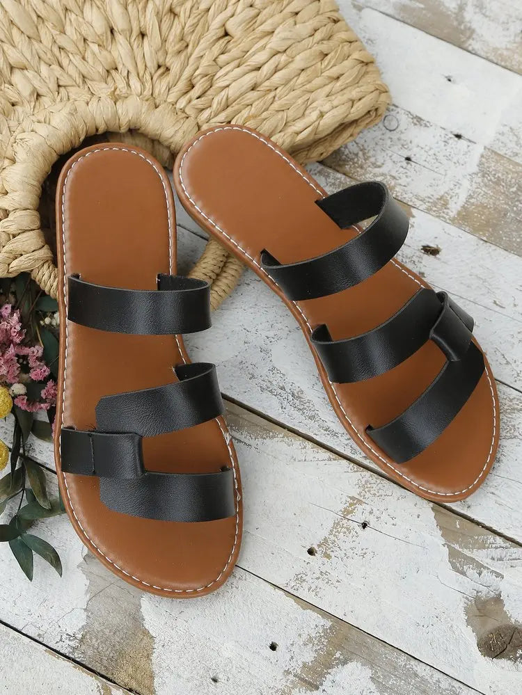 Women's Solid Color Slides, Lightweight Flat Slip On Walking Slides, Comfort Beach Slides