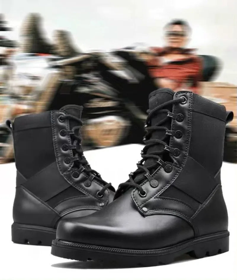 Men's Security Boots Black High-top Leather Boots Outdoor Tactical Combat Boots Anti Slip Hiking Boot Hunting Safety Shoes Botas