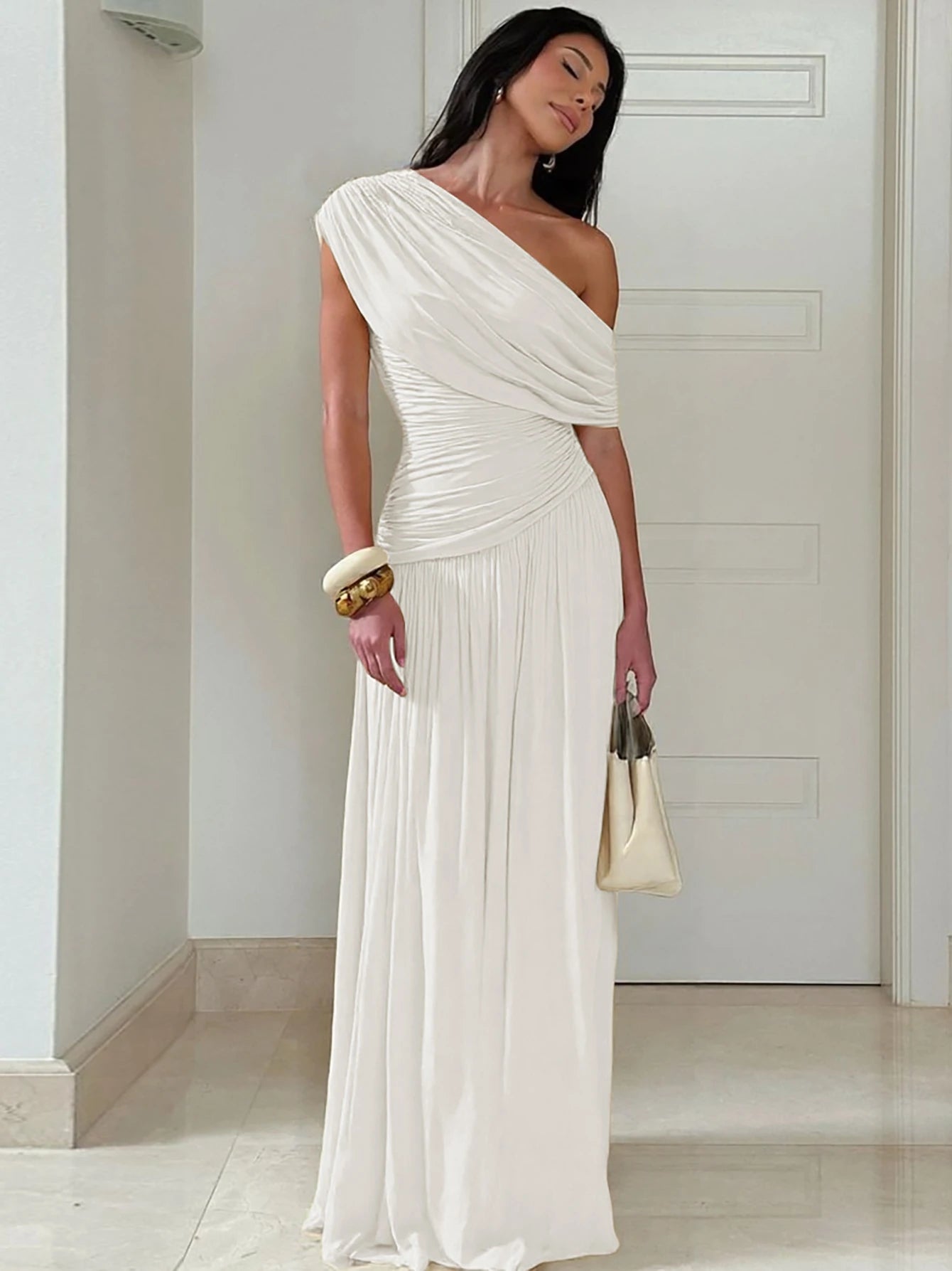 Hugcitar One Shoulder Ruched Sleeveless Solid Pleated Sexy Irregular Y2K Maxi Dress Summer Elegant Party Women Clothes Vacation