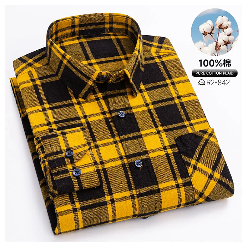 Pure Cotton Men's Plaid Shirts Long Sleeved Regular Fit Casual Office Fashion Shirts Leisure Autumn Male Check Blouses Plus Size