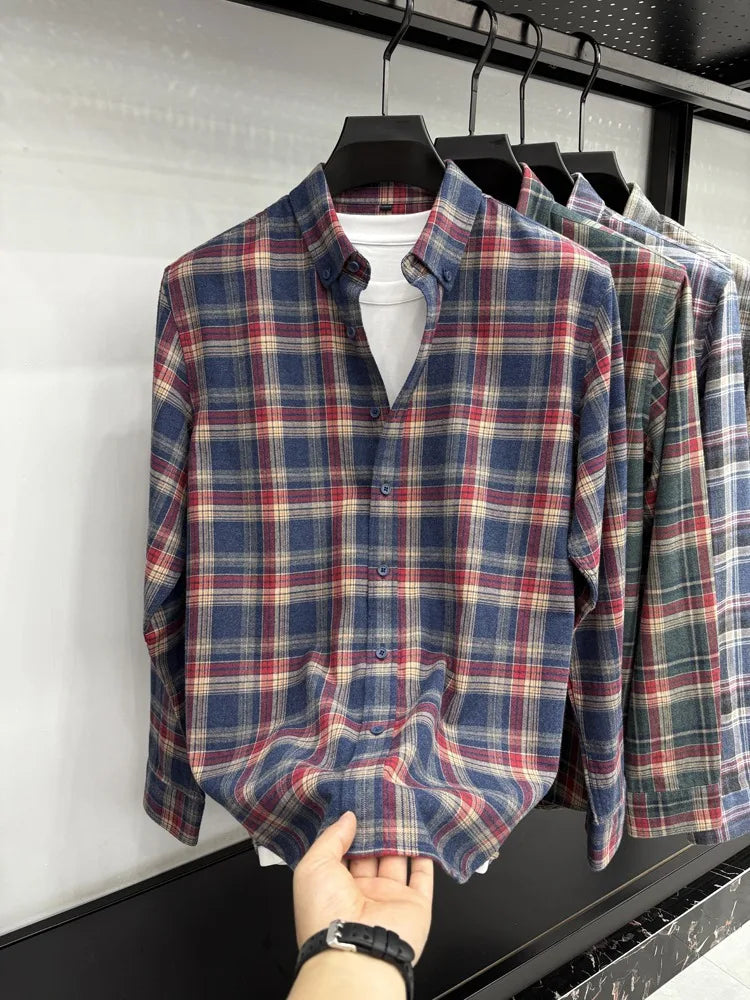 New 2025 Men's Long Sleeve Cotton Shirt Fleece Business Casual Easy Care Youth Outerwear Top Polyester Fiber Cool Sensation