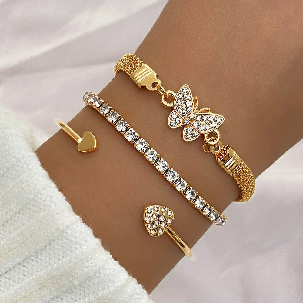 Vintage Infinity Heart Crystal Rhinestone Bracelet Set for Women Female Gold Color Metal Adjustable Bracelets Fashion Jewelry